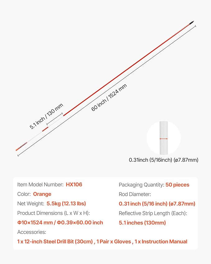 VEVOR Driveway Markers, 50Pcs 60 in Long 5/16 in Dia, Hi-Visibility Driveway Reflectors with 12 in Steel Drill Bits, Reflective Snow Sticks Fiberglass Pole for Parking Lots, Walkways, Snow Plowing