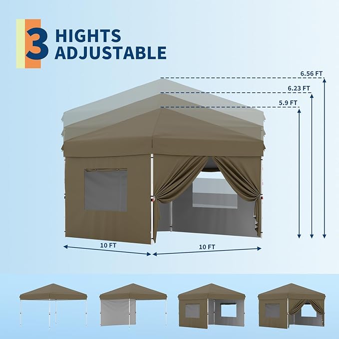 Pop Up Canopy Tent 10x10 FT Outdoor Canopy One-Person Set Up Heavy Duty Commercial Instant Tent, 4-Sidewall, Brown