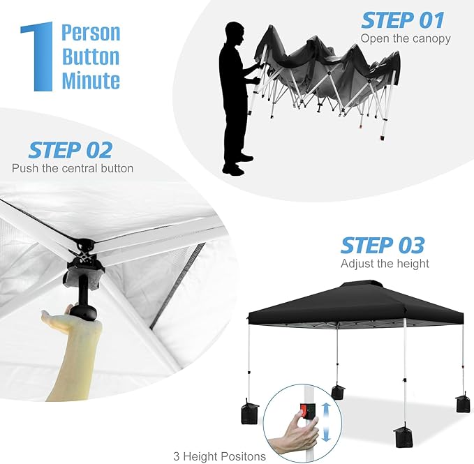 WEIZE 10x10 pop up Canopy Tent, One-Button Push Setup, Adjustable Height pop up Gazebo, Instant Portable Shelter, 4 Weight Bags, Sun Shade for Events & Camping, Silver Coated Top, Black