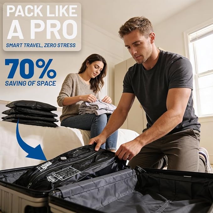 Duo 2 Pack Vacuum Seal Bags for Clothing Travel with Pump - Travel Vacuum Bags with Pump for Luggage + USB Charging Cable & Pouch, Space Saver Rechargeable Packing Kit for Suitcases & Backpacks