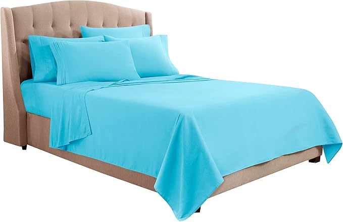 Clara Clark Flex Top King Sheets, 6 Piece Set - Hotel Luxury Sheets for Top Split King Bed, Super Soft Bedding Set, Head Split King Beach Blue