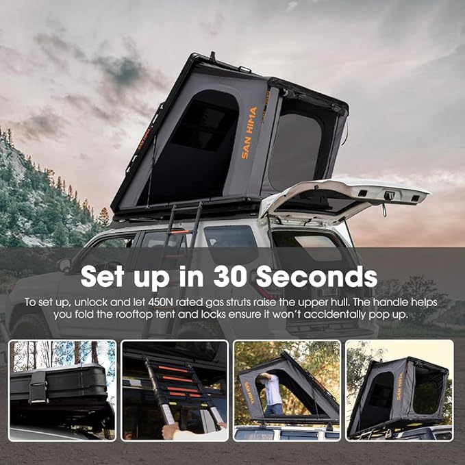 Sanhima Rooftop Tent Hard Shell - Hotham Lite Overland Aluminium Roof Top Tent 4.56" Slimline, w/Tri-Color LED Strip Light & 1.97” Thick Mattress, for Car SUV Truck Camping, 2-3 People