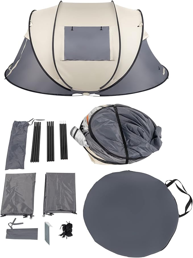 4-Person Pop Up Camping Tent, Waterproof & Windproof, Instant Setup with Windows & Ventilation, Beige and Gray, Lightweight Portable for Family Camping, Hiking, and Backpacking
