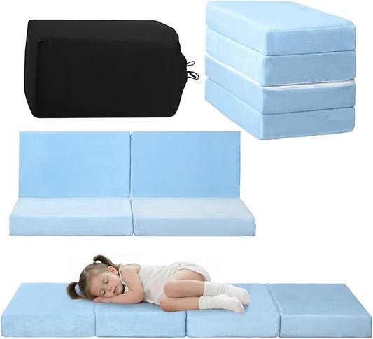 MeMoreCool Kids Folding Mattress, Trifold Mat Foldable Floor Mattress for Kids, 63x26 Tri Fold Floor Mat with Washable Cover and Carry Bag, Portable Floor Mat for Sleepover Daycare, Blue