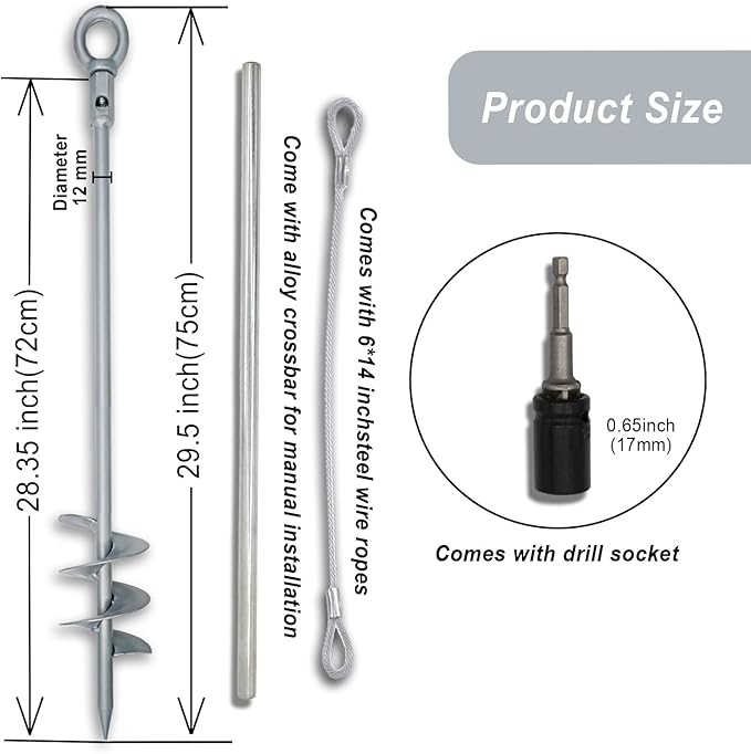 30 inch Ground Anchor Heavy Duty Earth Anchors Set Screw in for Mobile Home, Swing, Tent Trampoline Anchors Wind Resistant Tree Stakes and Supports with Drill Socket, 6 Pack