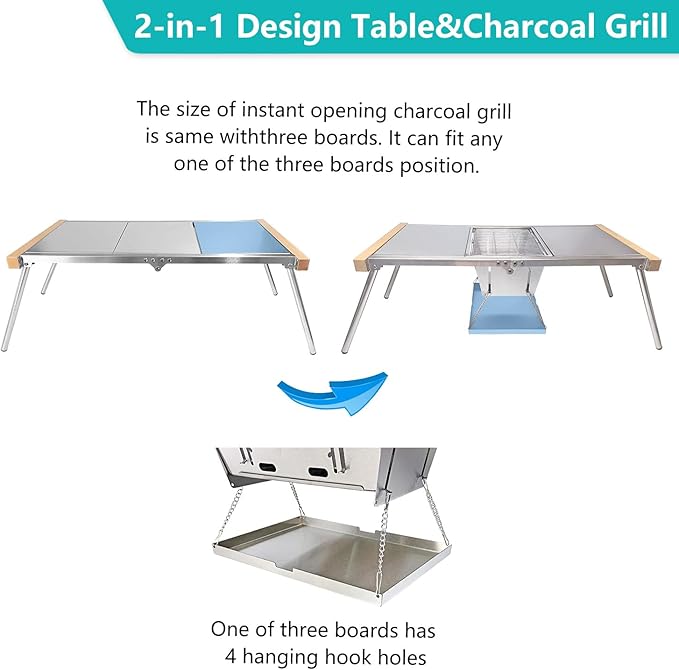 YBTMG 2-in-1 Folding IGT Camping Table with Charcoal Grill, 31.7x17.3" Stainless Steel Multifunctional BBQ Grill Desk for Garden Backyard Party Picnic Travel