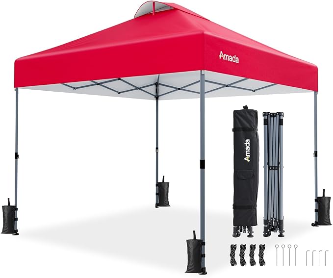 Amada 10x10 Pop Up Canopy - Center Lock One Push Instant Setup Gazebo Outdoor Canopy Beach Tent with STO-N-Go Bag 8 Stakes & 4 Sand Bags, 3-Height Adjustable Shade Shelter (10x10ft, Red)