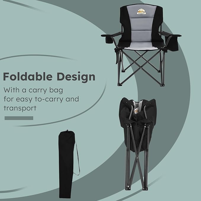 Oversized Camping Chairs 2 Pack - 450lbs Support Heavy Duty Folding Camp Chair Wide Portable Outside Collapsible Chairs with Carry Bag,Cooler,Cup Holder for Outdoor,Lawn,Sports,Baseball,Soccer-Black