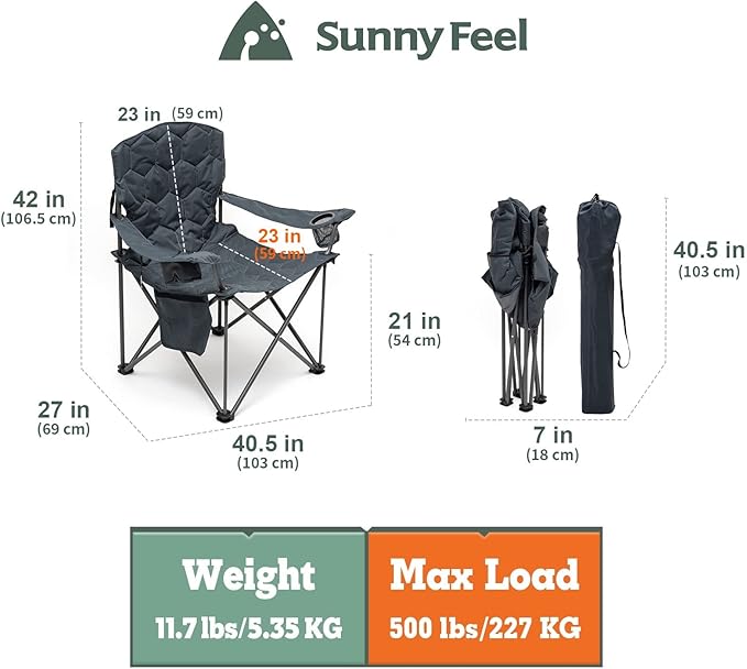 SUNNYFEEL XXL Oversized Camping Chair Heavy Duty 500 LBS for Big Tall People Above 6'4 Padded Portable Folding Sports Lawn Chairs with Armrest Cup Holder & Pocket for Outdoor/Travel/Picnic/Camp
