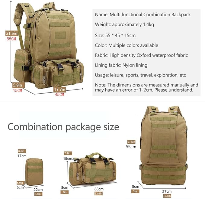 Tactical Backpack Military Army Rucksack 60L Large Assault Pack Camping Detachable Molle Bag (Black)
