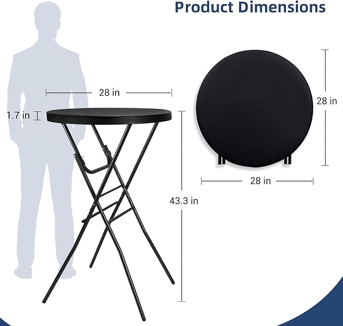Cocktail Table 28in Folding Round High Top Indoor Outdoor with Removable Legs, Tall Bistro Foldable Bar Height Table for Parties, Patio, Backyard, Dining Room, Events, Black- 2PCS