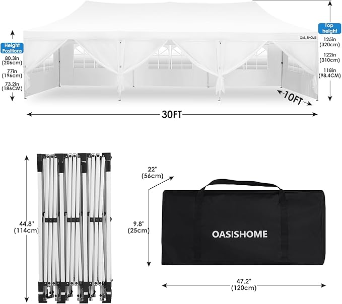 OASISHOME 10'x30' Pop-Up Canopy Tent with 8 Removable Sidewalls,Carry Bag,Waterproof Commercial Gazebo for Weddings/Outdoor Events – Heavy-Duty Frame, Raised Top Cover(White, 10x30(Higher top))