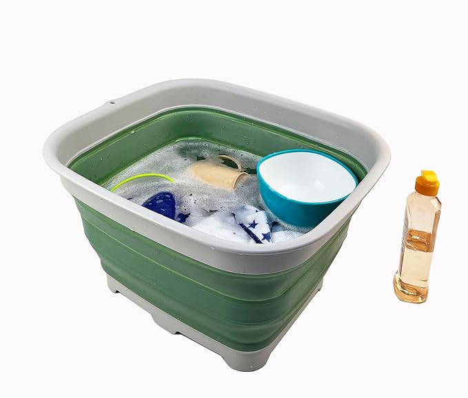 SAMMART 15L (3.9 Gallon) Collapsible Dishpan with Draining Plug - Foldable Washing Basin - Portable Dish Washing Tub - Camping & Space Saving Kitchen Storage Tray (Grey/Dark Sea Green)
