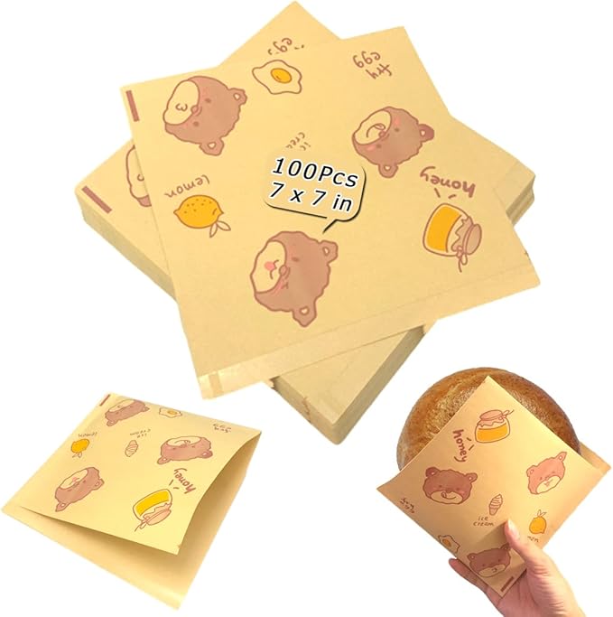Soft Pretzel Bags 7"x7" Double Open Sandwich Bags 100Pcs, Grease-proof Parchment Paper Bags, Cute Bear Style Sandwich Wrappers for Cookie Snack Deli Bakery Family Daily Wrap