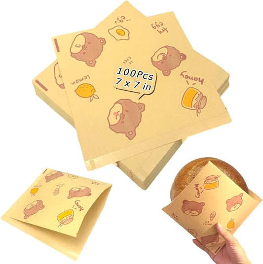 Soft Pretzel Bags 7"x7" Double Open Sandwich Bags 100Pcs, Grease-proof Parchment Paper Bags, Cute Bear Style Sandwich Wrappers for Cookie Snack Deli Bakery Family Daily Wrap