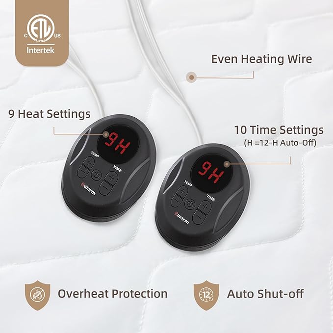 Bwarm Premium Quilted Heated Mattress Pad Queen Size, 60" x 80" Bed Warmer, 9 Heat Settings, 1-12 Hours Auto Off, Soft and Cozy, Deep Pocket, Fast Heating, Machine Washable