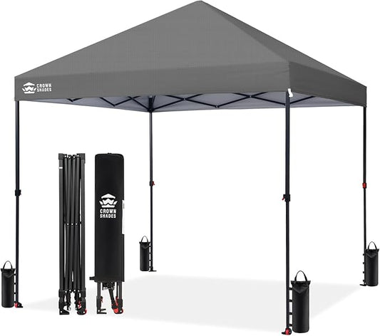 CROWN SHADES 8x8 Pop Up Canopy - Patented Center Lock One Push Instant Outdoor Canopy Beach Tent with STO-N-Go Bag 8 Stakes & 4 Sand Bags，Grid Grey
