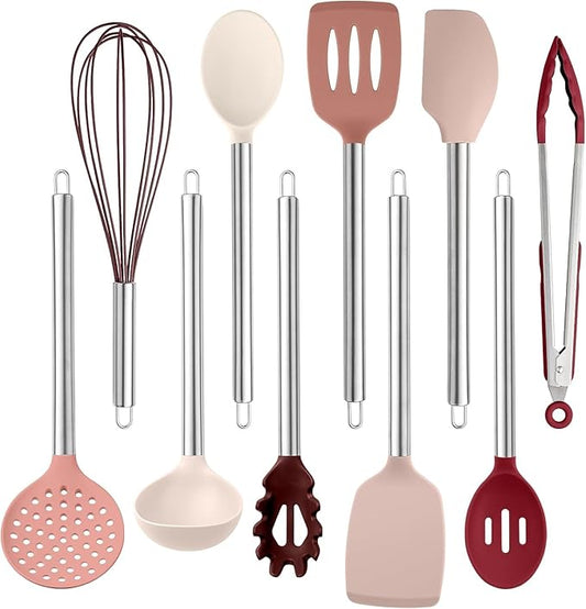 COOK WITH COLOR Silicone Cooking Utensils, Kitchen Utensil Set, Easy to Clean Silicone Kitchen Utensils, Cooking Utensils for Nonstick Cookware, Kitchen Gadgets Set, 10 Pieces, Rose
