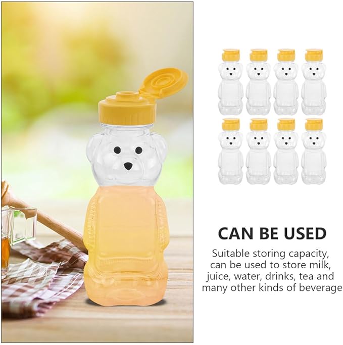 Uonlytech Bear Shaped Juice Bottles Small Plastic Beverage Containers with Caps 8pcs Refillable Honey Bear Bottles for Kitchen Storage and Juice Dispensing