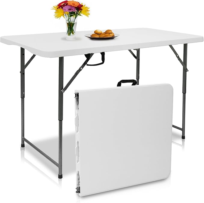 4ft Table, Adjustable Height Table with Foldable, Easy to Carry, for Family Gatherings, Outdoor Gatherings, Indoor