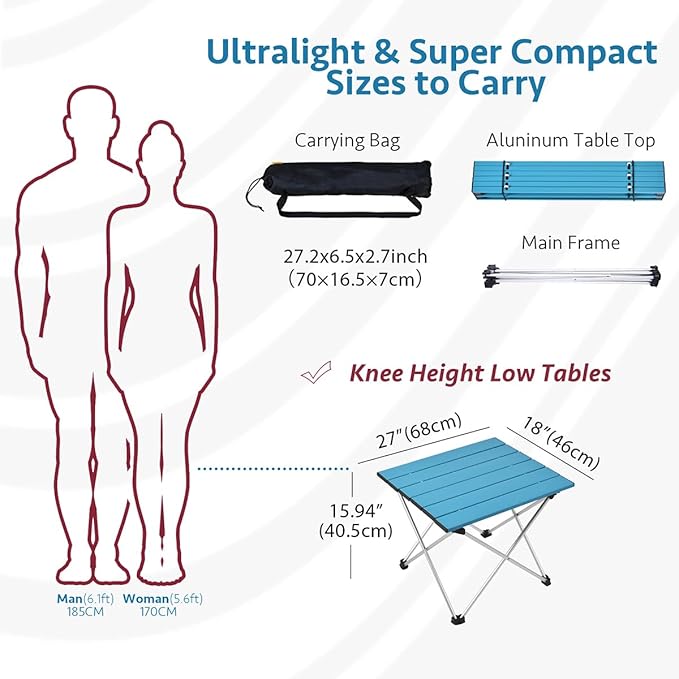 Grope Small Folding Camping Table with Aluminum Table Top, Beach Table for Sand with Carrying Bag,Prefect for Outdoor, Picnic, BBQ, Cooking, Festival (Deep Blue-L)
