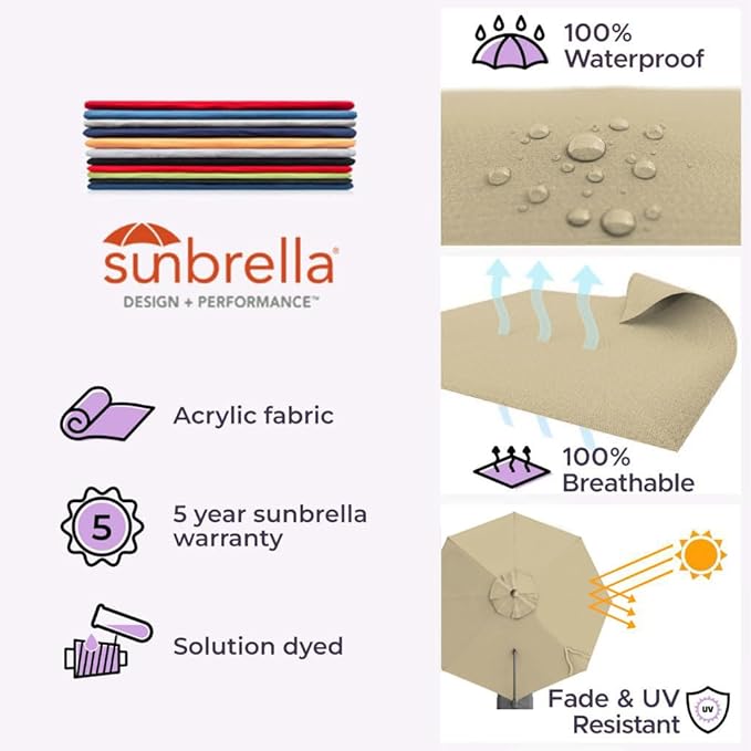 Midtown Umbrellas 10 Ft Outdoor Cantilever Patio Umbrella w/Sunbrella Heather Tan Fabric - 360° Rotate Offset Patio Umbrella, Deck Patio Umbrella, Backyard Umbrella & Garden Umbrella - Silver Frame