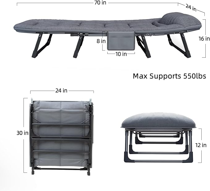 Camping Cot with Mattress, No Assembly Required Heavy Duty Folding Camping Cot for Adults, 550 Lbs Capacity Adjustable Portable Sleeping Bed for Indoor, Outdoor & Patio Use (L''70)