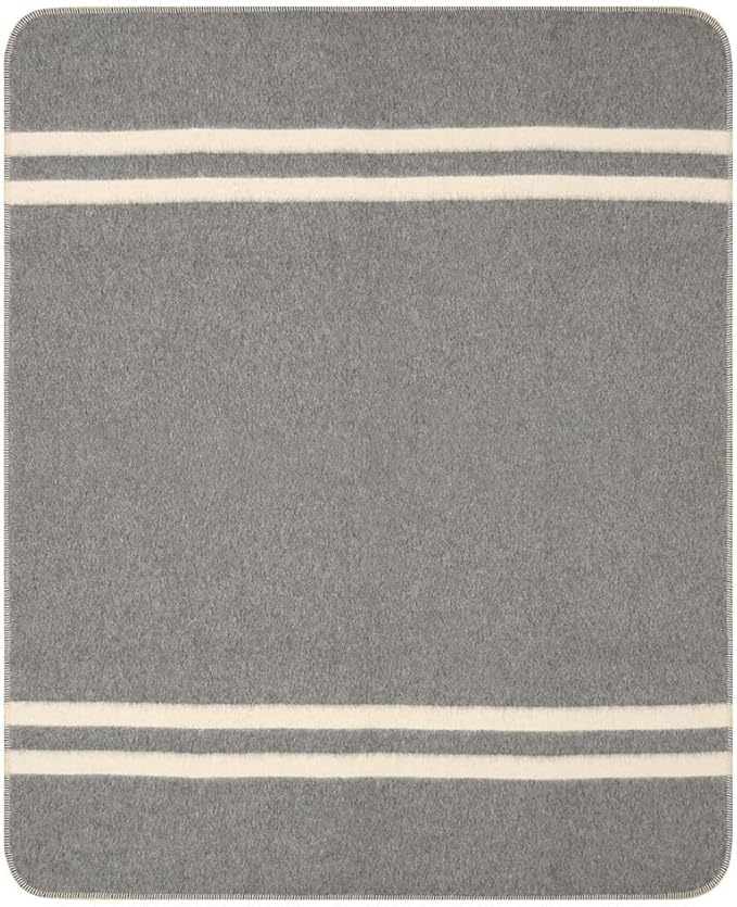 Thick Alpaca Wool Blanket Heavyweight for Camping or Indoors | Soft Peruvian Alpaca Wool Blankets (Soft Gray - Ivory Stripes, Travel Size)