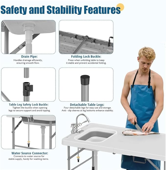 PeakPursuit Fold in Half Folding Fish Cleaning Table with Foldable Sink, Protable Camping Sink Table with Drainage Hose, Fish Fillet Cutting Desk for Outdoor Picnic Patio Backyard BBQ