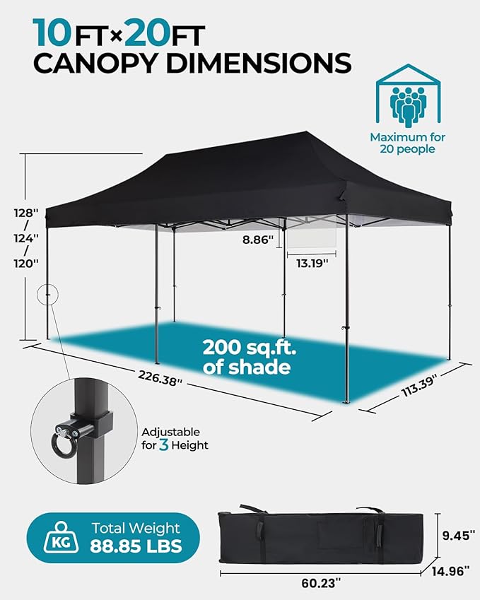 10x20 Pop Up Canopy Tent with Roller Bag, Easy Set Up, Waterproof Commercial Shelter, 6 Stakes & 6Sandbags & 6 Ropes, Silver Coated Top, Black