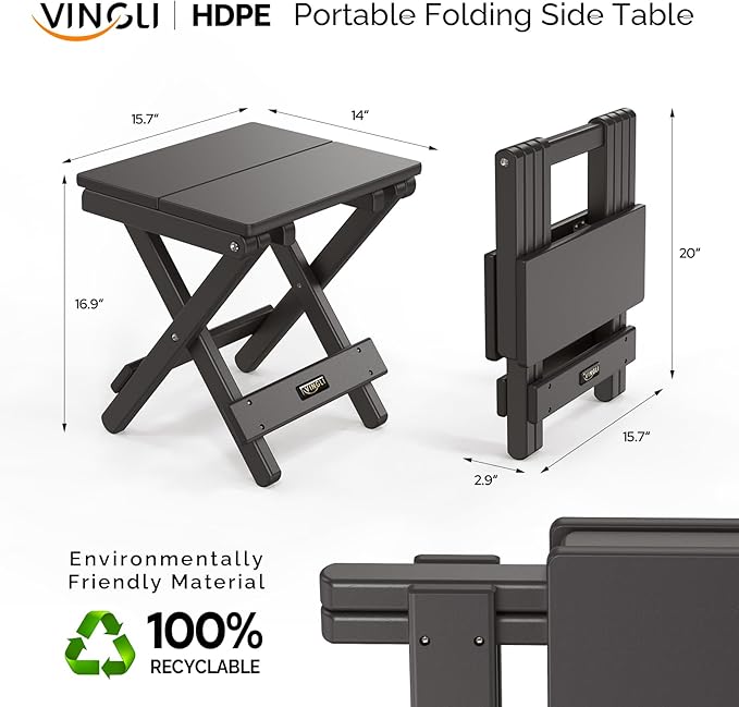 VINGLI Small Folding HDPE Side Table, Plastic Waterproof Portable Adirondack Coffee End Tables, All Weather for Patio, Backyard, Pool, Indoor Use, Black