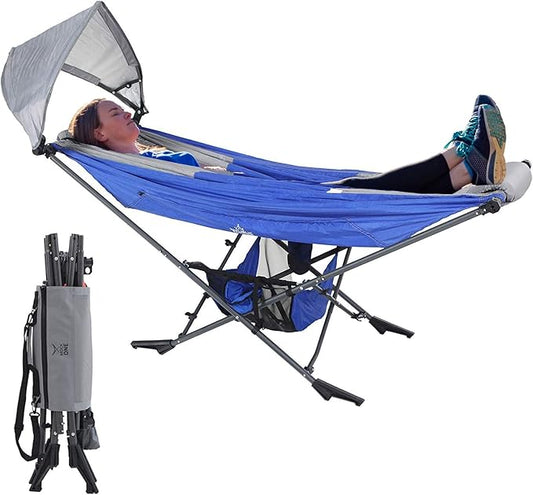 Portable Hammock with Stand, World's Best Mock ONE® Hammock, Compact Folding Framed Hammock with Adjustable Sunshade Canopy for Park, Backyard, Garden, Camping, Hiking, Mountaineering, Beaches- Blue