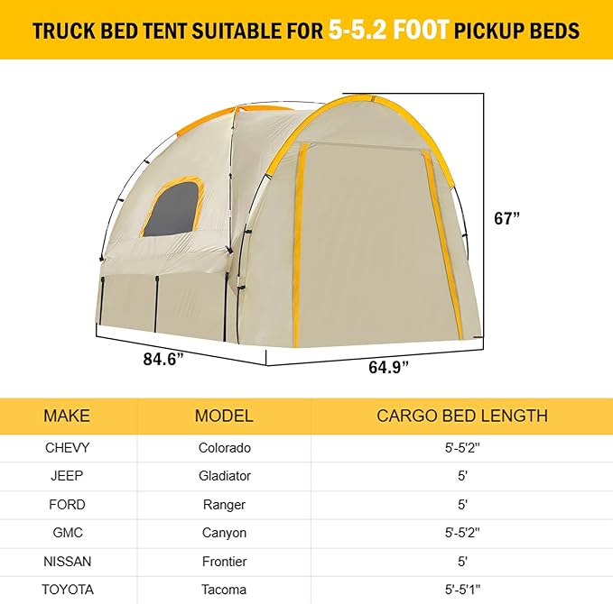 Pickup Truck Tent with Awning Shade,Waterproof PU5000mm Oxford for 5-5.2 FT Truck Bed for Camping Travel Outdoor Activities for Chevy Colorado,Jepp Gladiator,Ford Ranger,GMC Canyon,Frontierm,Tacoma