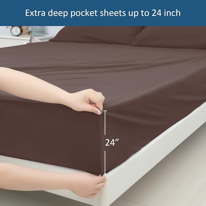 Queen Sheet Set for Air Mattress - Sheets Queen Size Bed Set - 3Pcs Side Storage Pocket Fitted Sheet & Pillowcases Easily Fits 16in to 24in Pillow Top Air Bed Mattress - Brown