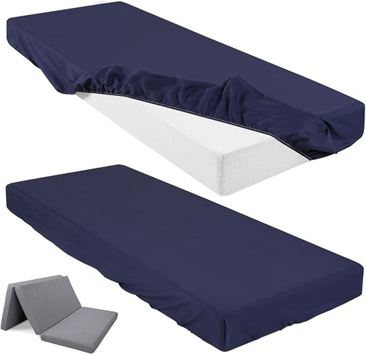 Breling Fitted Sheet (Sheet Only) Compatible with Milliard Trifold Mattress Folding Mattress Fitted Microfiber Bedclothes for Camp Bunk Rvs Bed(Navy Blue,2 Pcs,Single,4'')