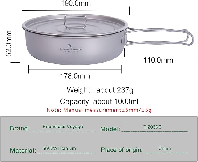 Boundless Voyage Titanium Non-Stick Frying Pan with Folding Handle Non-Stick Ceramic Coating Frypan Cooking Pot for Outdoor Camping Picnic Backpacking