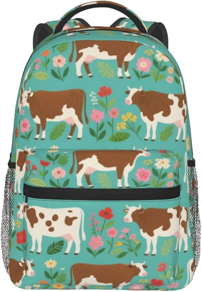 Rucksack Polyester Anti-Theft Multipurpose Hereford Cow Cattle Floral Carry On Bag Large Capacity Travel and Sport Backpack Rucksack With Smooth Zippers