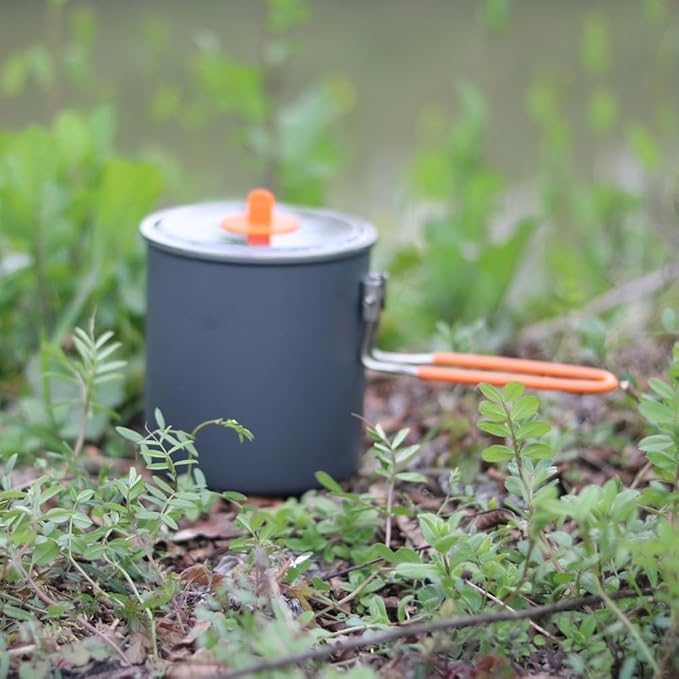 Camping Cooking Pot 1000ml Aluminum Alloy Lightweight Outdoor Milk Tea Coffee Kettle with Folding Handle for Hiking Picnic, Gray