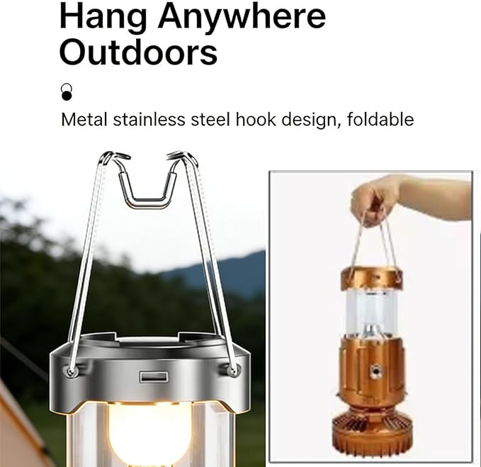 Solar Camping Lantern with Fan, Collapsible LED Lantern USB Rechargeable Solar Powered Camping Light with Phone Charger, Portable Emergency Lantern for Power Outage, Hiking, Tent (Gold)