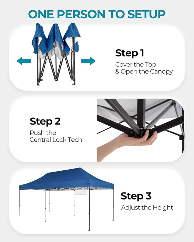 10x20 Canopy Tent with Roller Bag, Commercial Pop Up Canopy Tent, Adjustable Height with Pull Ring, Outdoor Canopy for Beach, Parties, UPF50+, 6 Stakes & 6 Sandbags & 6 Ropes, Blue