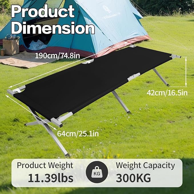 Camp Bed, Portable Folding Camping Cot for Adults,Indoor Outdoor Portable Sleeping Cot for Hiking, Camping with Carrying Bag (Black)