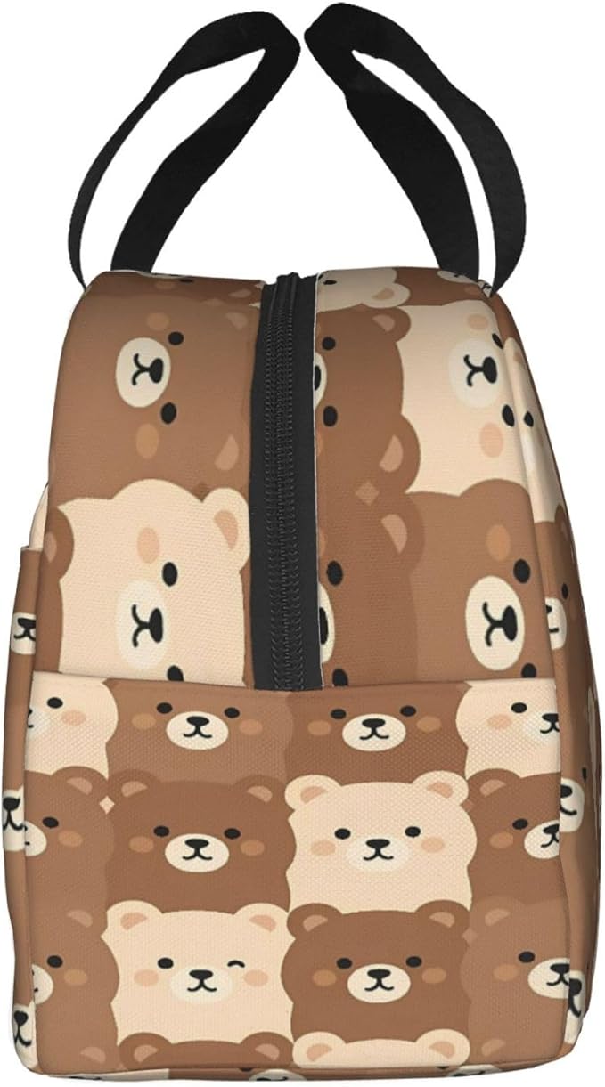 cute brown and beige bear faces Insulated Lunch Bag Oxford Cloth & Thick Foil Cooler Warmer Tote Waterproof Wear-Resistant with Front Pocket for Work Picnic Outdoor Travel