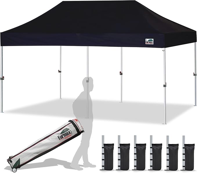 Eurmax USA Standard 10'x20' Patio Pop Up Canopy Tent Commercial Instant Canopies with Heavy Duty Roller Bag,Bonus 6 Sand Weights Bags (Black)