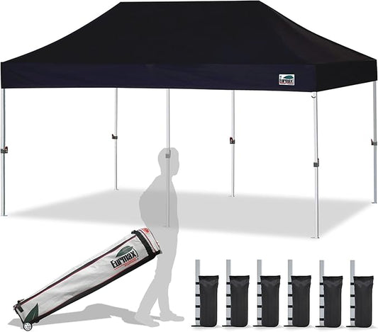 Eurmax USA Standard 10'x20' Patio Pop Up Canopy Tent Commercial Instant Canopies with Heavy Duty Roller Bag,Bonus 6 Sand Weights Bags (Black)