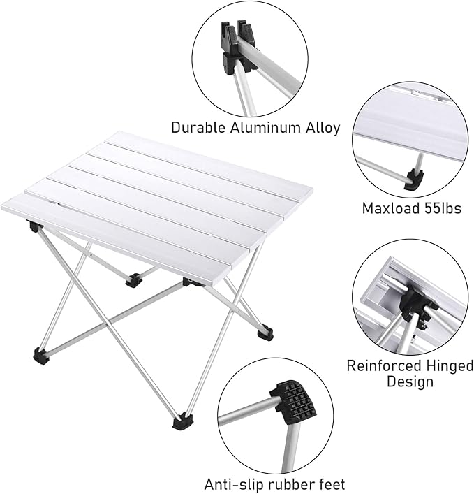 Tesouro Portable Camping Table,Folding Side Table Aluminum Top for Outdoor Cooking, Hiking, Travel, Picnic (Sliver-Large)