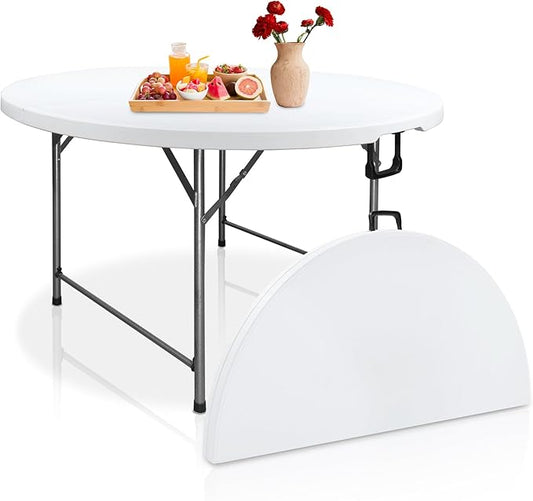 AJP Distributors 4 Foot Portable Round Folding Card Table 4FT 48" Half Foldable Heavy Duty Plastic w/Carry Handle - Indoor Outdoor Backyard Camping Picnic BBQ Party Wedding Dining Office Event White