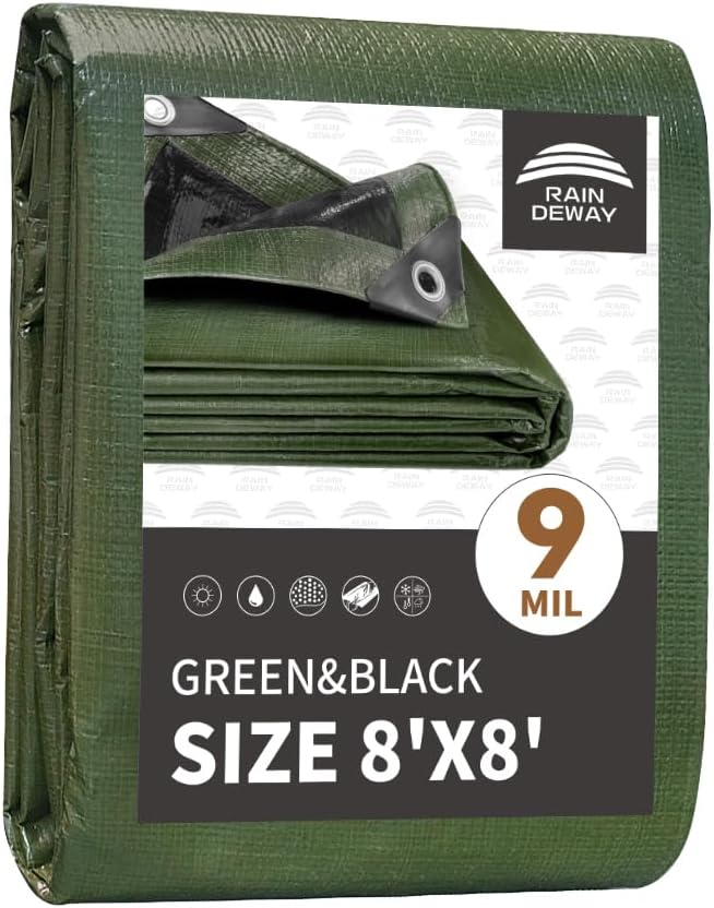 RAINDEWAY Tarps 8x8 Feet,Tarp Waterproof,9Mil Thick,Finished Size,Multipurpose Poly Tarp Cover with Metal Grommets and Reinforced Edges,Green/Black Tarpaulin