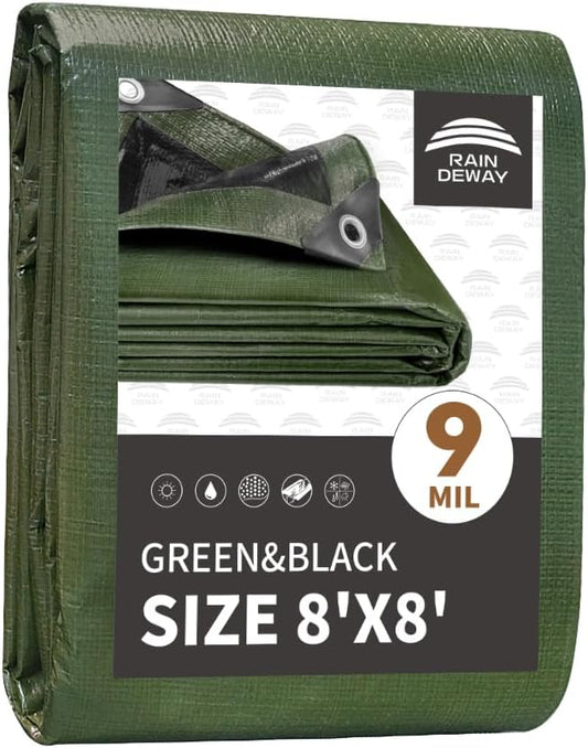 RAINDEWAY Tarps 8x8 Feet,Tarp Waterproof,9Mil Thick,Finished Size,Multipurpose Poly Tarp Cover with Metal Grommets and Reinforced Edges,Green/Black Tarpaulin