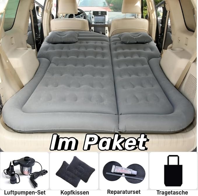 SUV Air Mattress Camping Bed Car Inflatable Mattress for Truck Backseat - Foldable Air Mattress with Flocking Surface and Pillows Portable Air Bed for Home Tent Camping Travel - Grey