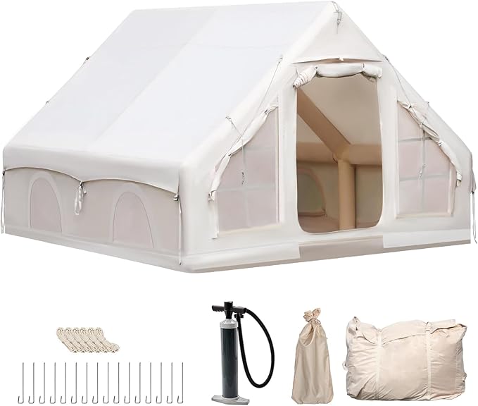 Inflatable Camping Tent, Glamping Inflatable Tent for Camping, 4 Season Water&Windproof Outdoor Oxford Blow Up Cabin Tent with Mesh Windows & Doors for 4-8 People Camping